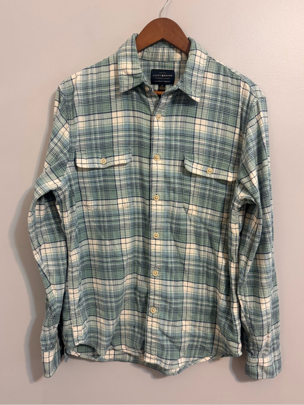 Lucky Brand Saturday Stretch Men’s M Blue Plaid Button Down Shirt